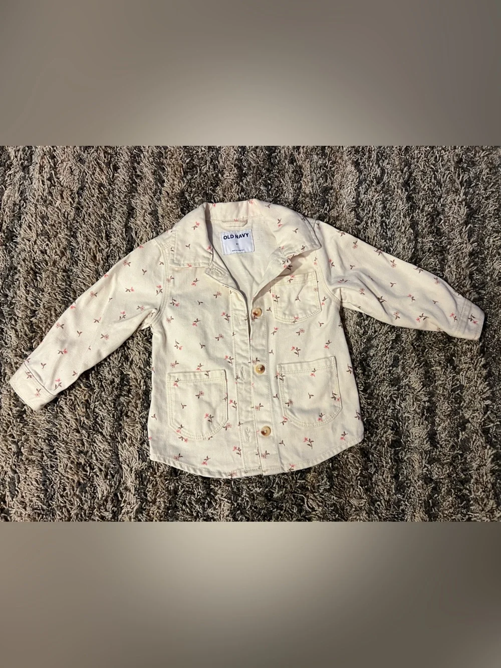 Old Navy Cream Button-Down Shirt Jacket with Pink Floral Print